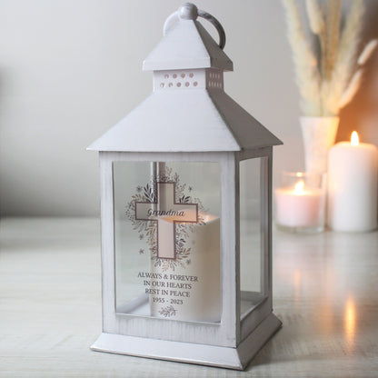 Personalised Floral Cross White Lantern - Personalise It!