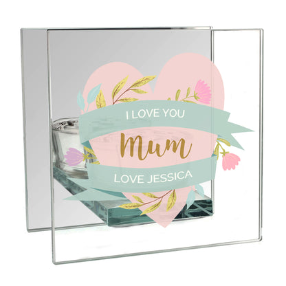 Personalised Floral Heart Mothers Day Mirrored Glass Tea Light Holder - Personalise It!