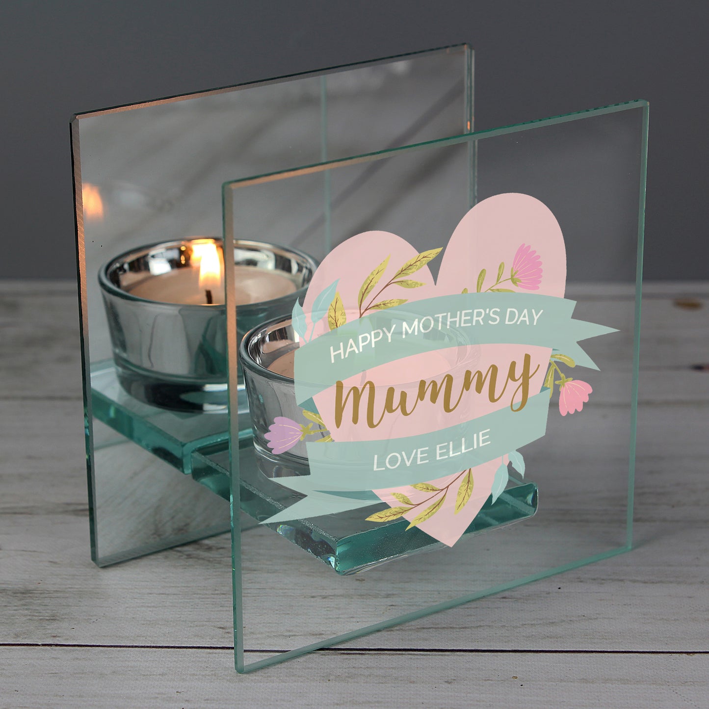 Personalised Floral Heart Mothers Day Mirrored Glass Tea Light Holder - Personalise It!
