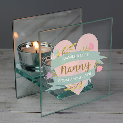 Personalised Floral Heart Mothers Day Mirrored Glass Tea Light Holder - Personalise It!