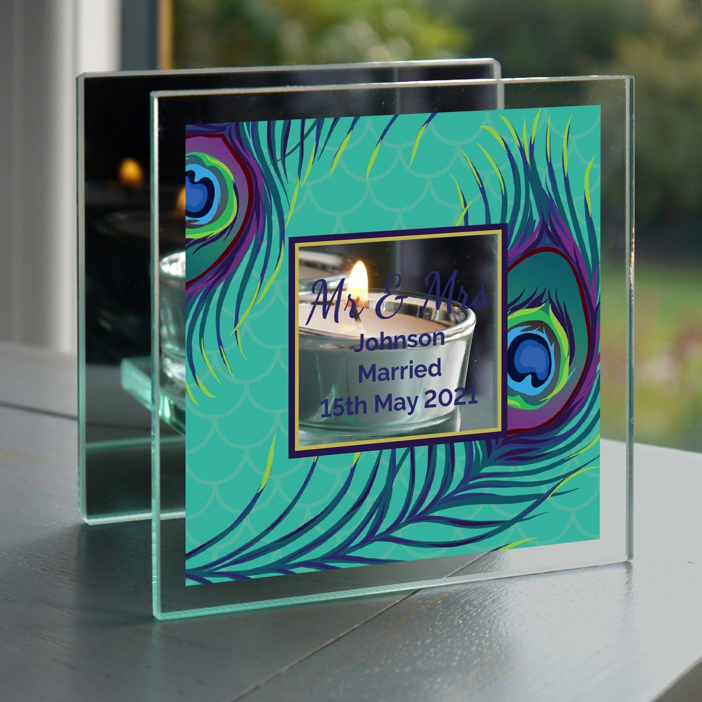 Personalised Peacock Mirrored Glass Tea Light Candle Holder - Personalise It!