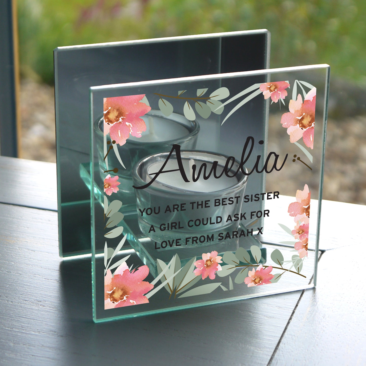 Personalised Floral Sentimental Mirrored Glass Tea Light Candle Holder - Personalise It!