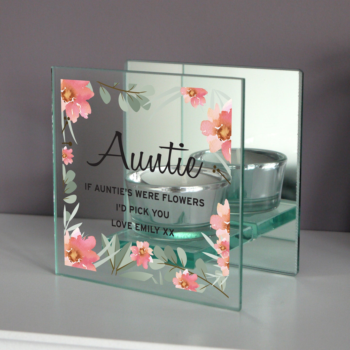 Personalised Floral Sentimental Mirrored Glass Tea Light Candle Holder - Personalise It!