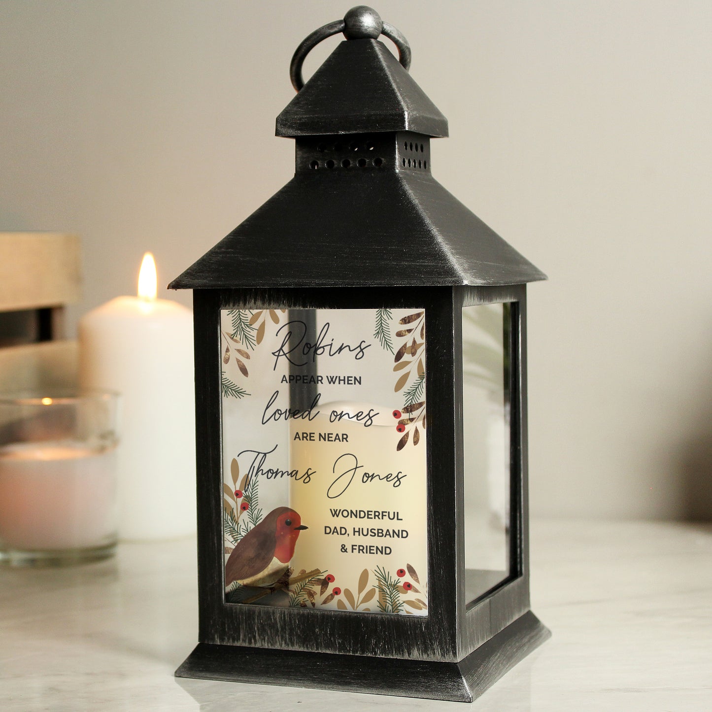 Personalised Robins Motif Black Lantern - Personalise It!