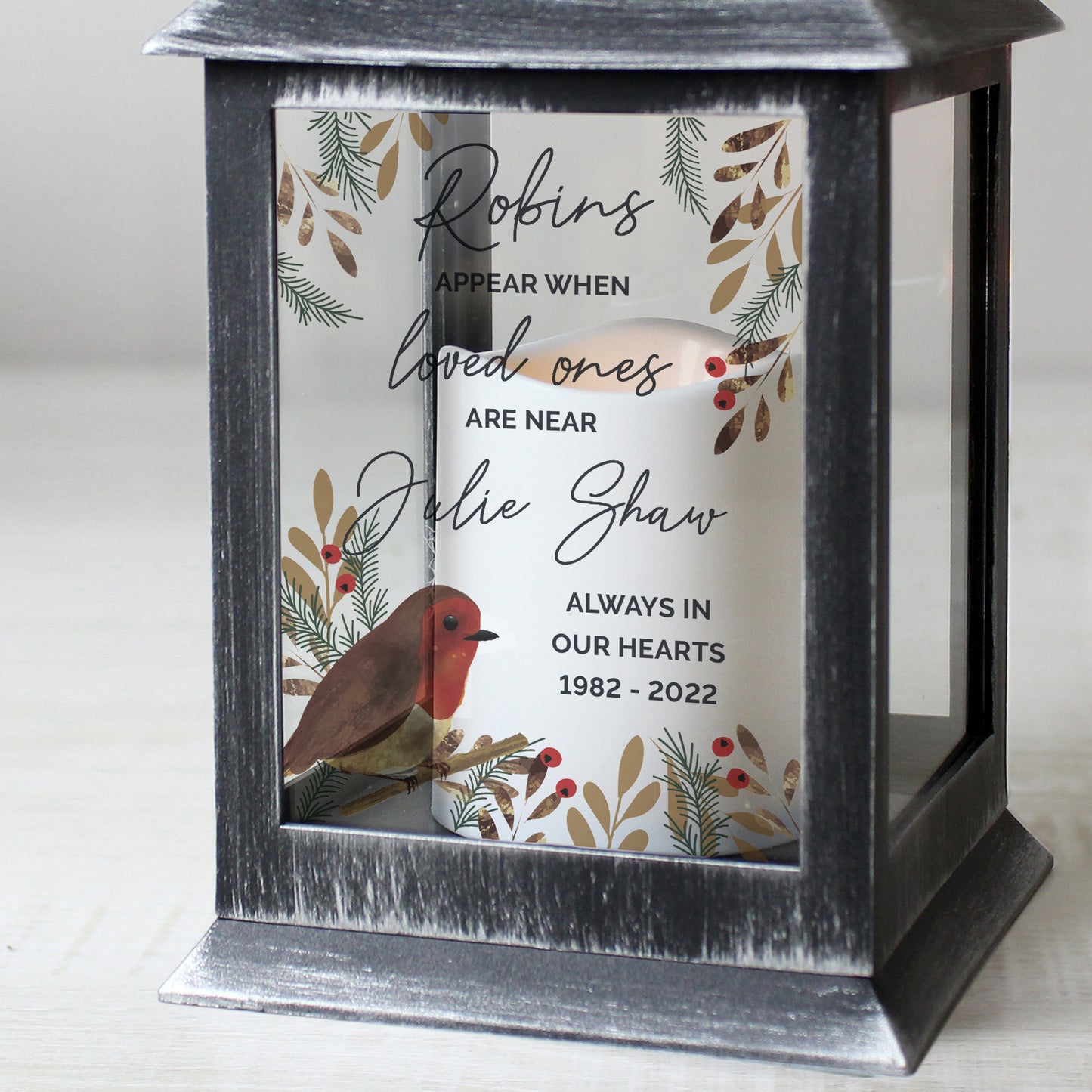 Personalised Robins Motif Black Lantern - Personalise It!