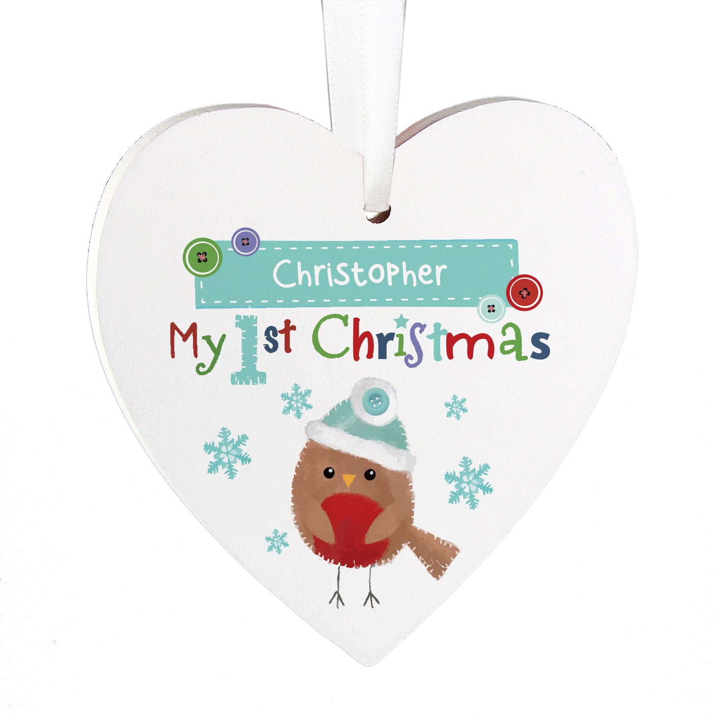 Personalised Felt Stitch Robin 'My 1st Christmas' Wooden Heart Decoration - Personalise It!