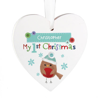 Personalised Felt Stitch Robin 'My 1st Christmas' Wooden Heart Decoration - Personalise It!