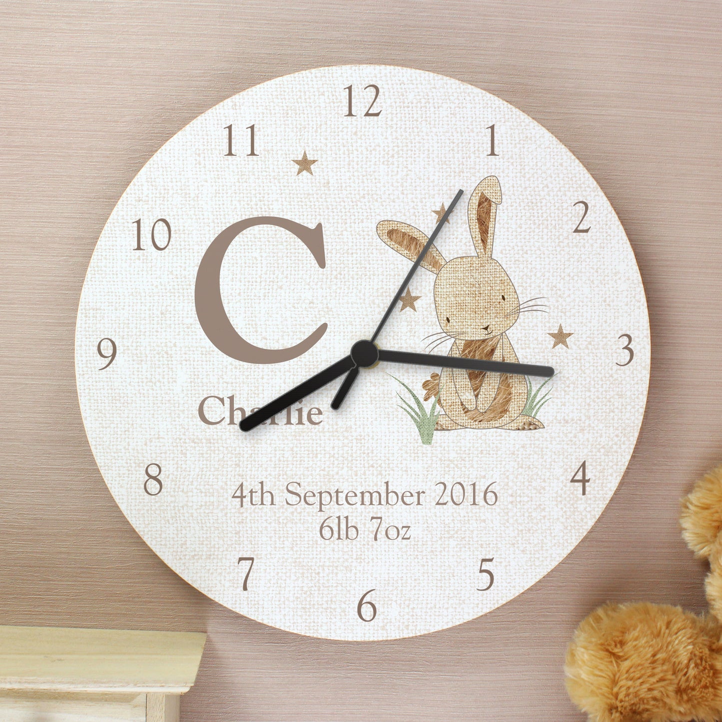 Personalised Hessian Rabbit Shabby Chic Large Wooden Clock - Personalise It!