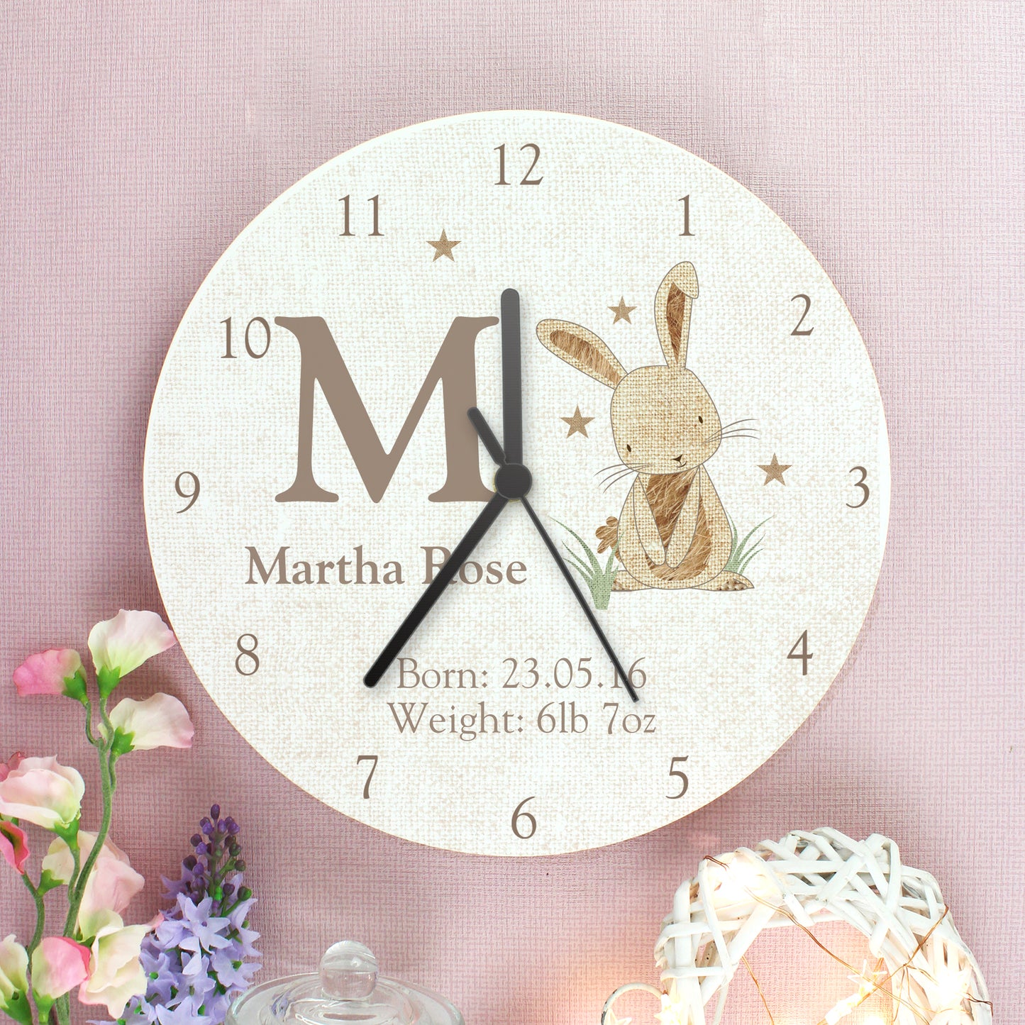 Personalised Hessian Rabbit Shabby Chic Large Wooden Clock - Personalise It!