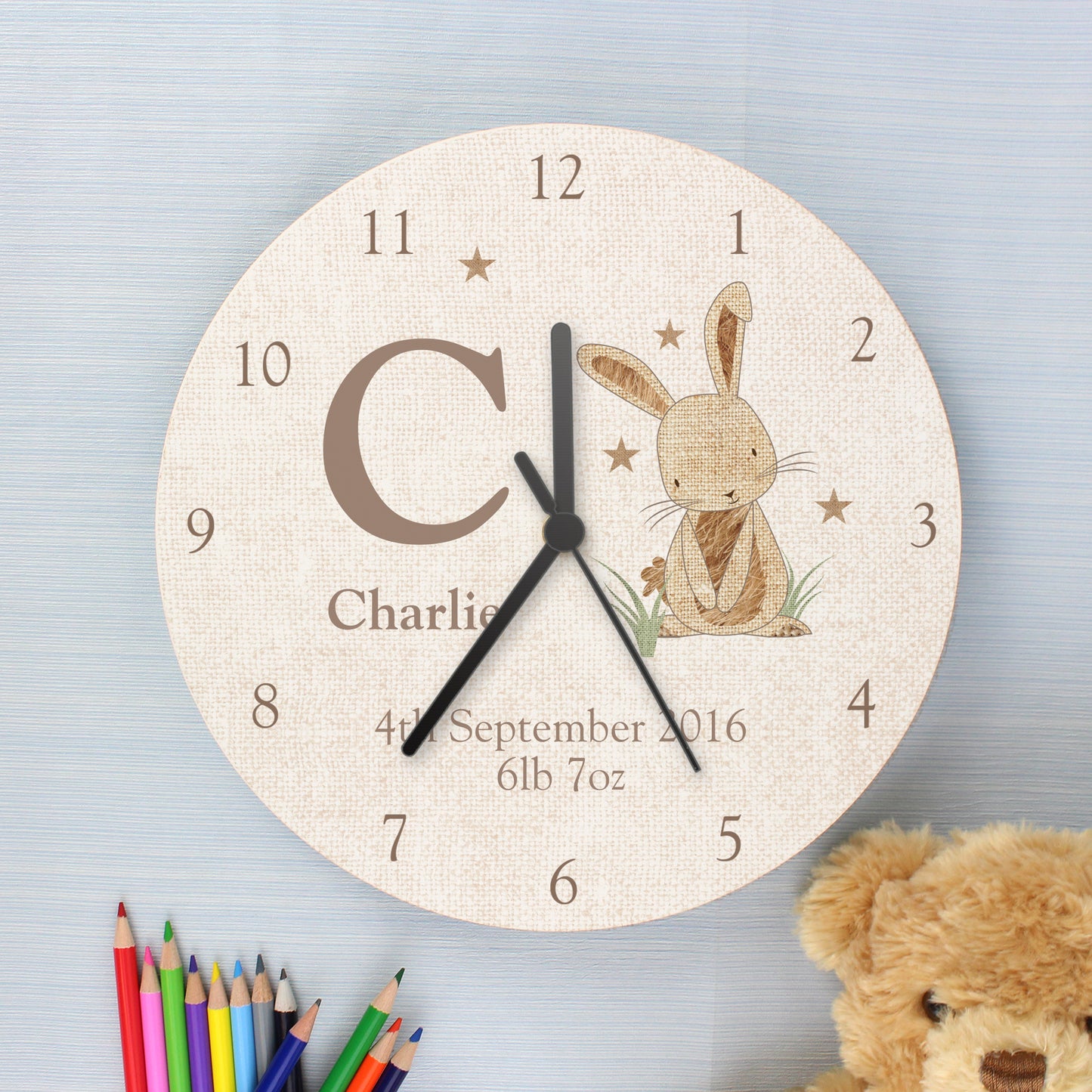 Personalised Hessian Rabbit Shabby Chic Large Wooden Clock - Personalise It!