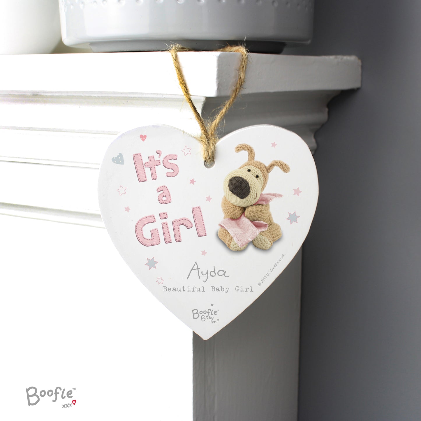 Personalised Boofle It's a Girl Wooden Heart Decoration - Personalise It!