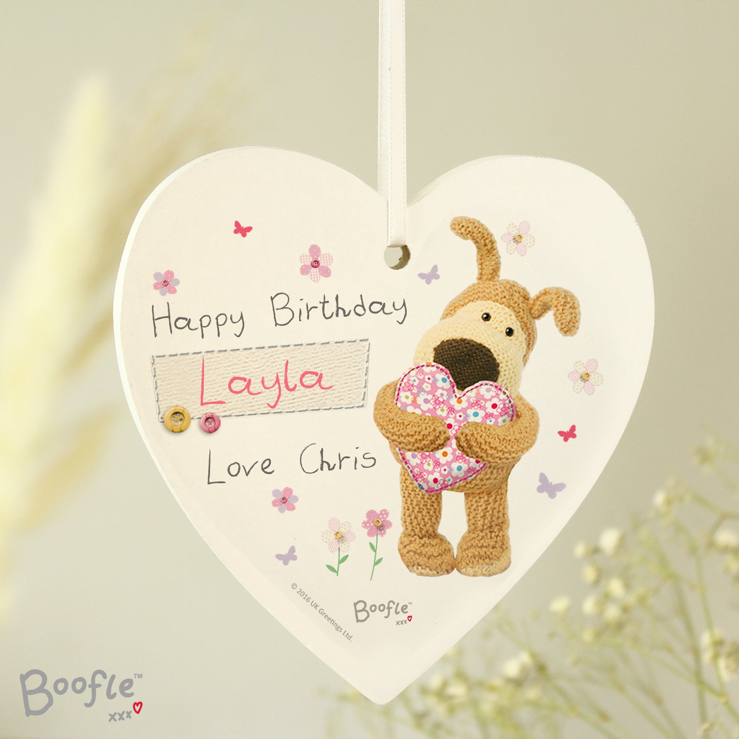 Personalised Boofle Flowers Wooden Heart Decoration - Personalise It!