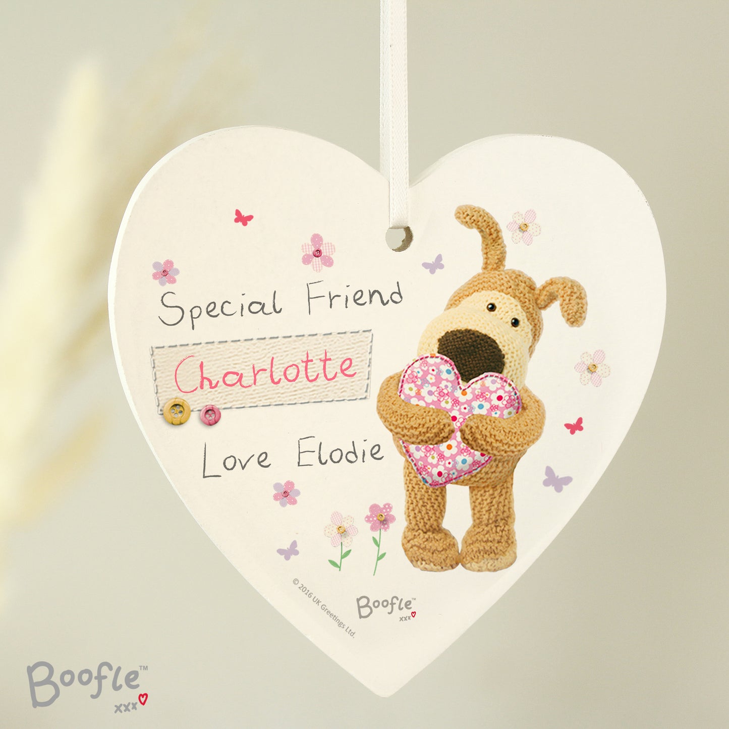 Personalised Boofle Flowers Wooden Heart Decoration - Personalise It!