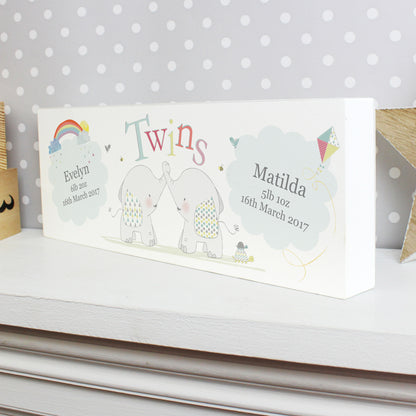 Personalised Hessian Elephant Twins Wooden Block Sign - Personalise It!