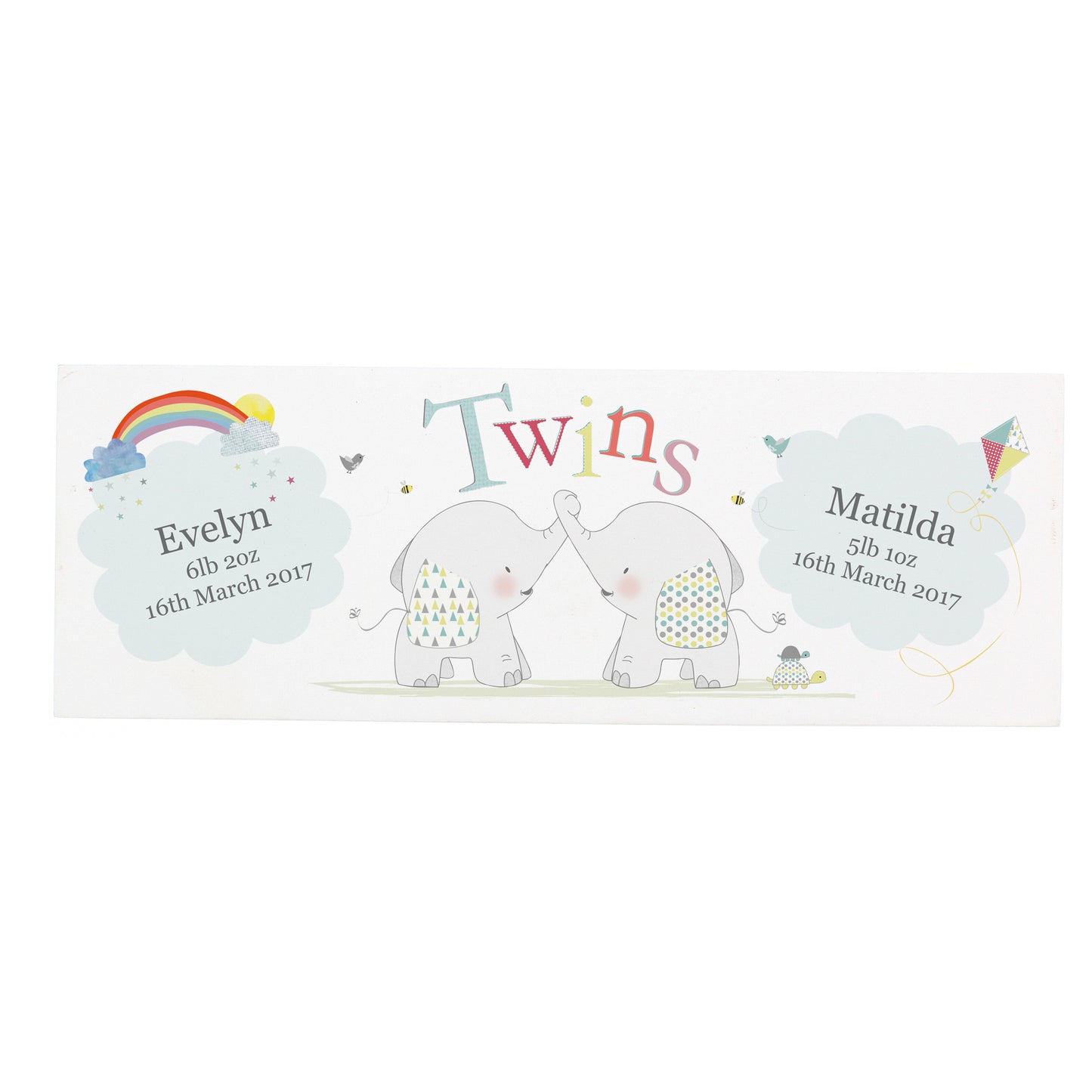 Personalised Hessian Elephant Twins Wooden Block Sign - Personalise It!