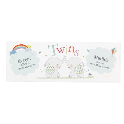 Personalised Hessian Elephant Twins Wooden Block Sign - Personalise It!