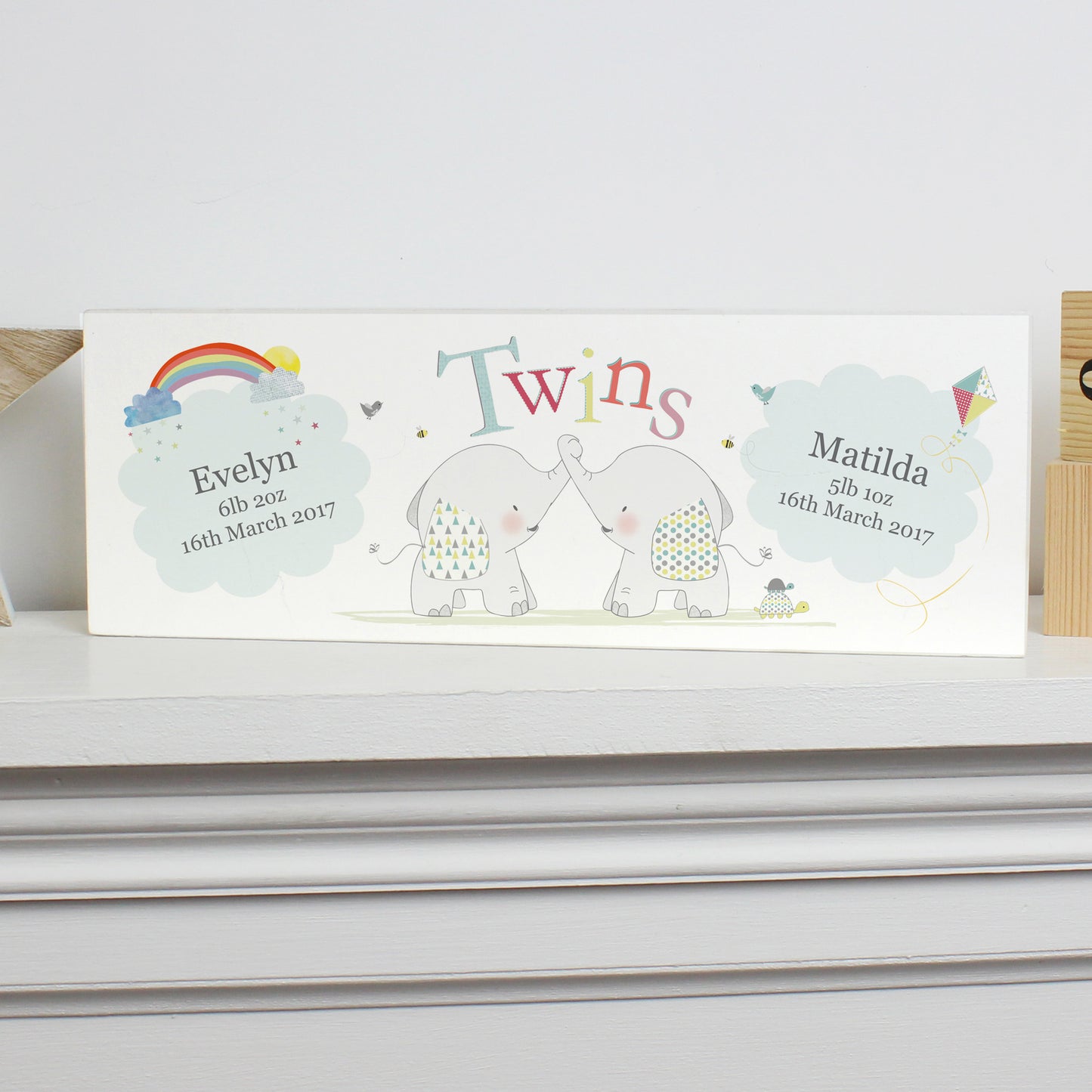 Personalised Hessian Elephant Twins Wooden Block Sign - Personalise It!