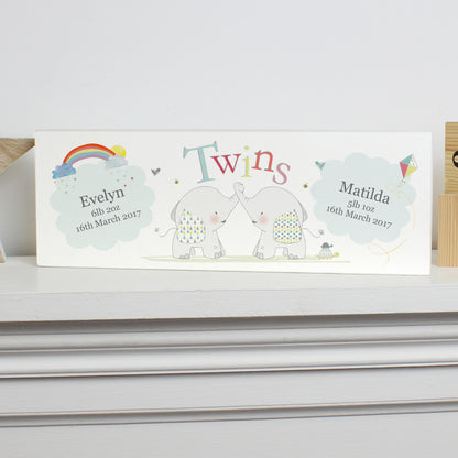 Personalised Hessian Elephant Twins Wooden Block Sign - Personalise It!