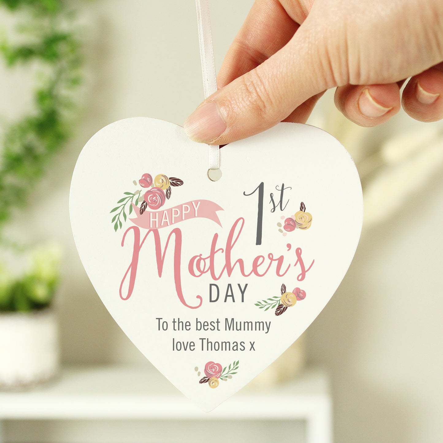 Personalised Floral Bouquet 1st Mothers Day Wooden Heart Decoration - Personalise It!