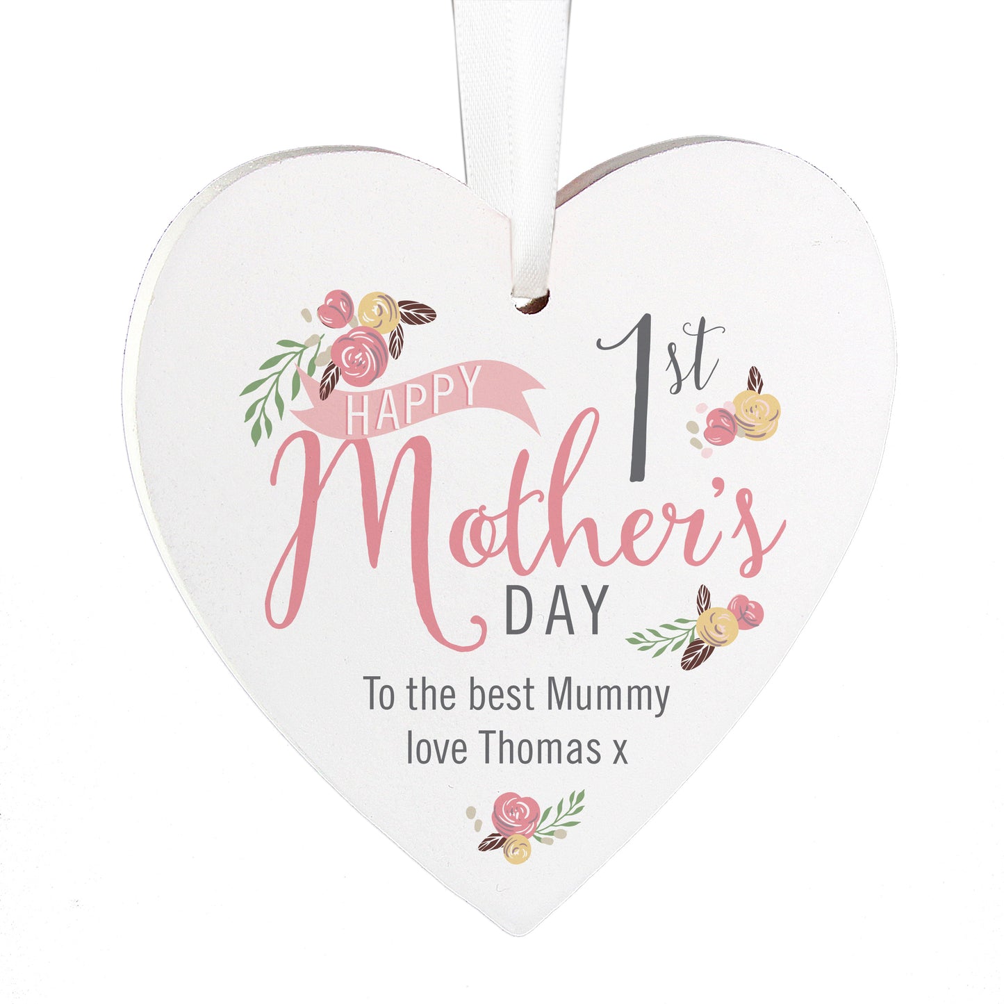 Personalised Floral Bouquet 1st Mothers Day Wooden Heart Decoration - Personalise It!