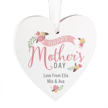 Personalised Floral Bouquet Mother's Day Wooden Heart Decoration - Personalise It!