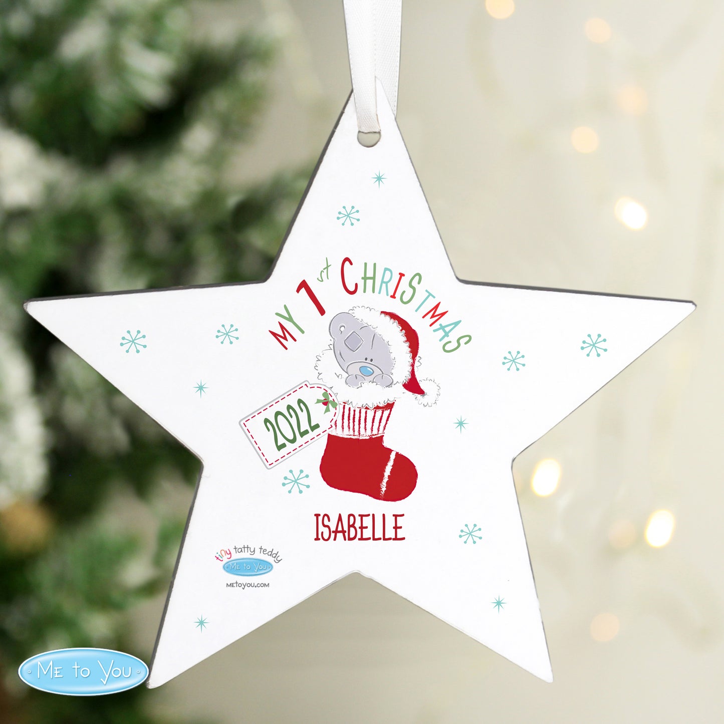 Personalised Tiny Tatty Teddy My 1st Christmas Stocking Wooden Star Decoration - Personalise It!