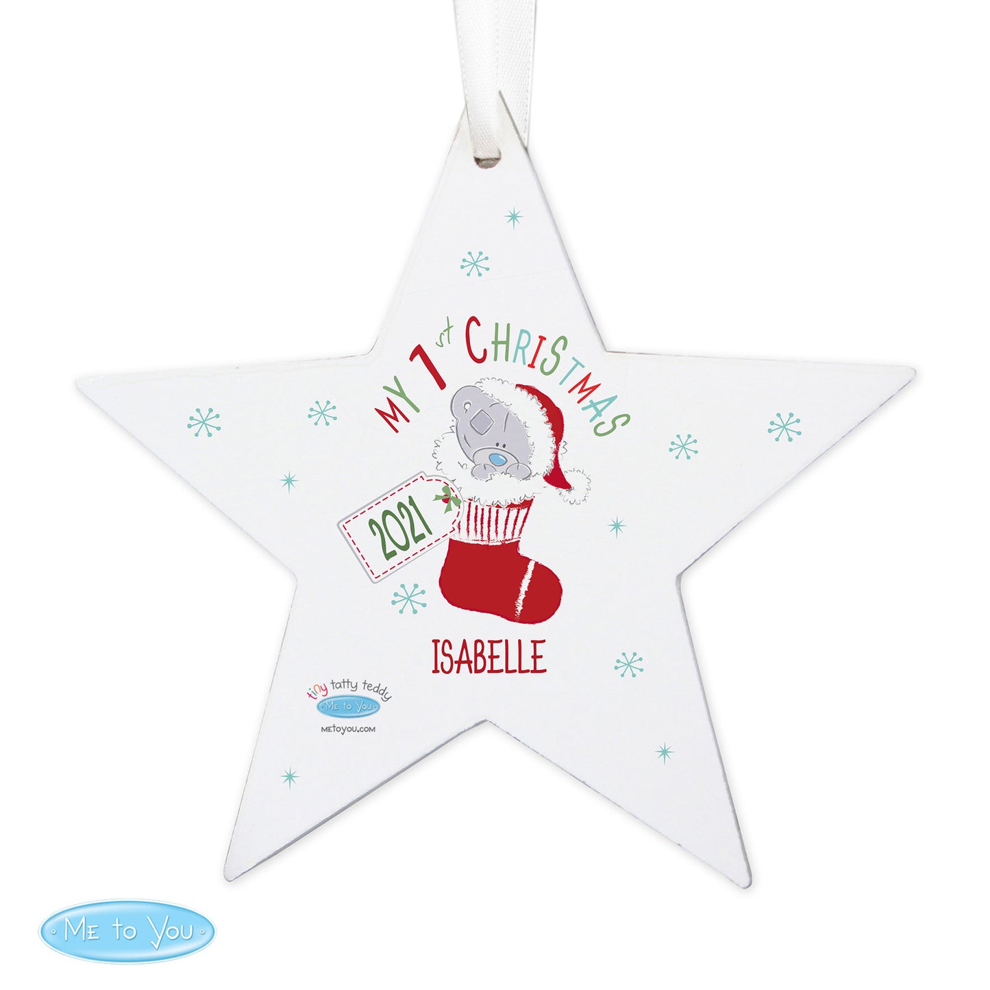 Personalised Tiny Tatty Teddy My 1st Christmas Stocking Wooden Star Decoration - Personalise It!