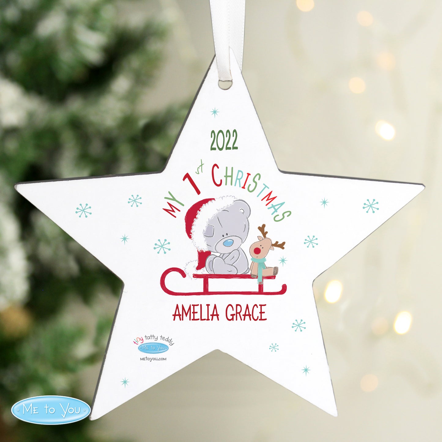 Personalised Tiny Tatty Teddy My 1st Christmas Sleigh Wooden Star Decoration - Personalise It!