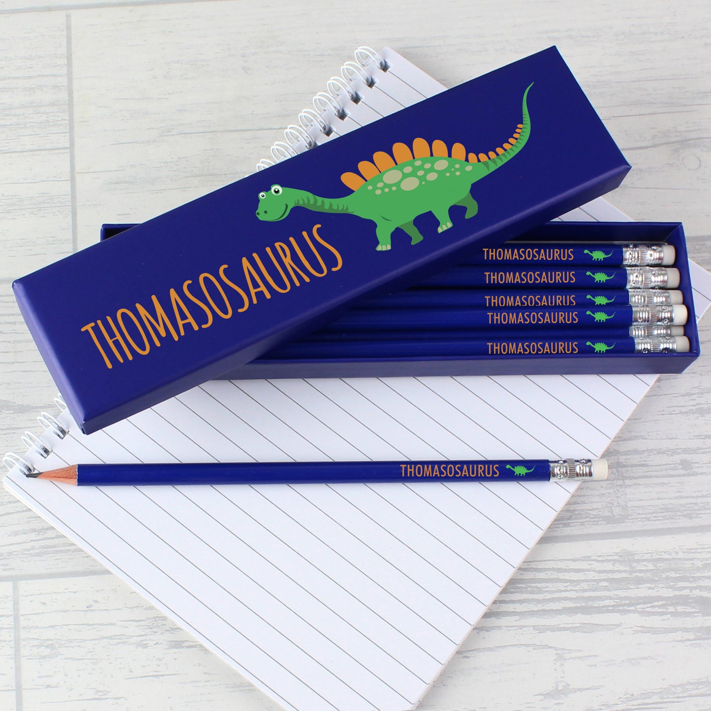 Personalised Dinosaur Box of 12 Blue HB Pencils - Personalise It!