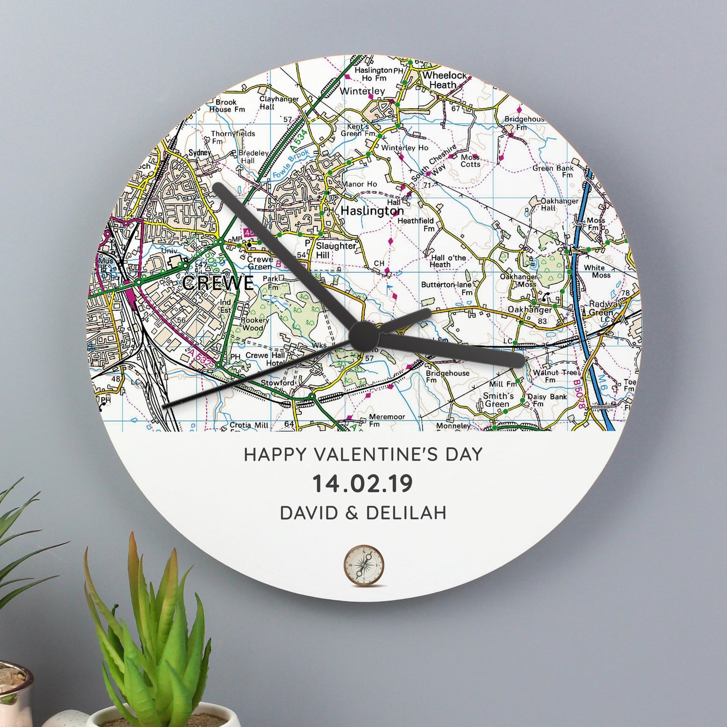 Personalised Present Day Map Compass Wooden Clock - Personalise It!