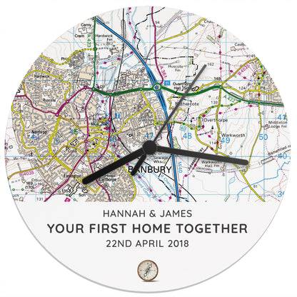 Personalised Present Day Map Compass Wooden Clock - Personalise It!