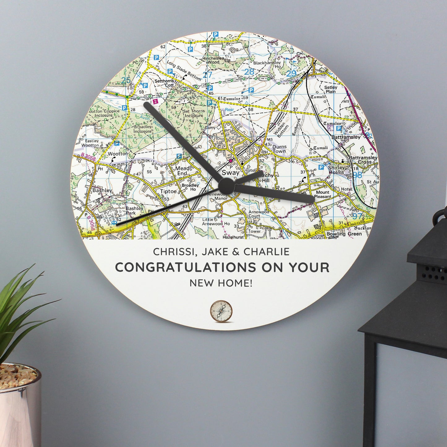 Personalised Present Day Map Compass Wooden Clock - Personalise It!