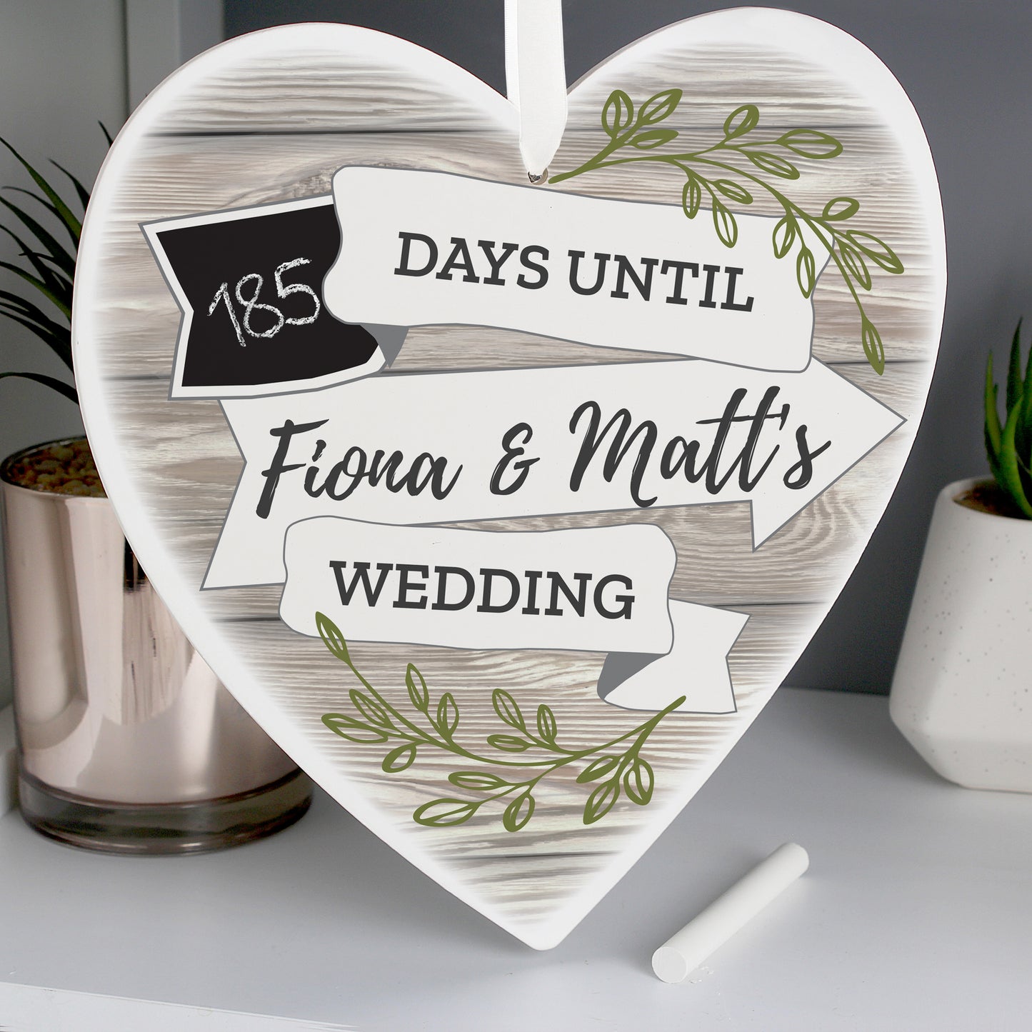 Personalised White Arrow Banner Chalk Countdown Wooden Heart Decoration - Personalise It!