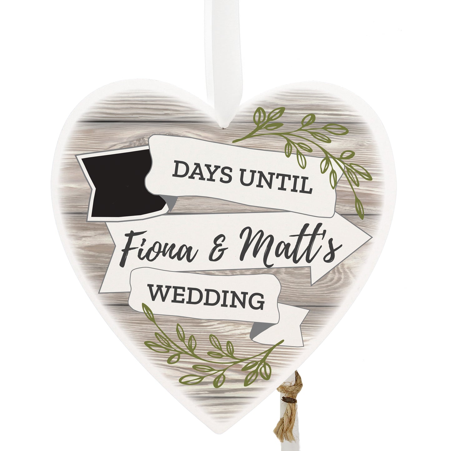Personalised White Arrow Banner Chalk Countdown Wooden Heart Decoration - Personalise It!
