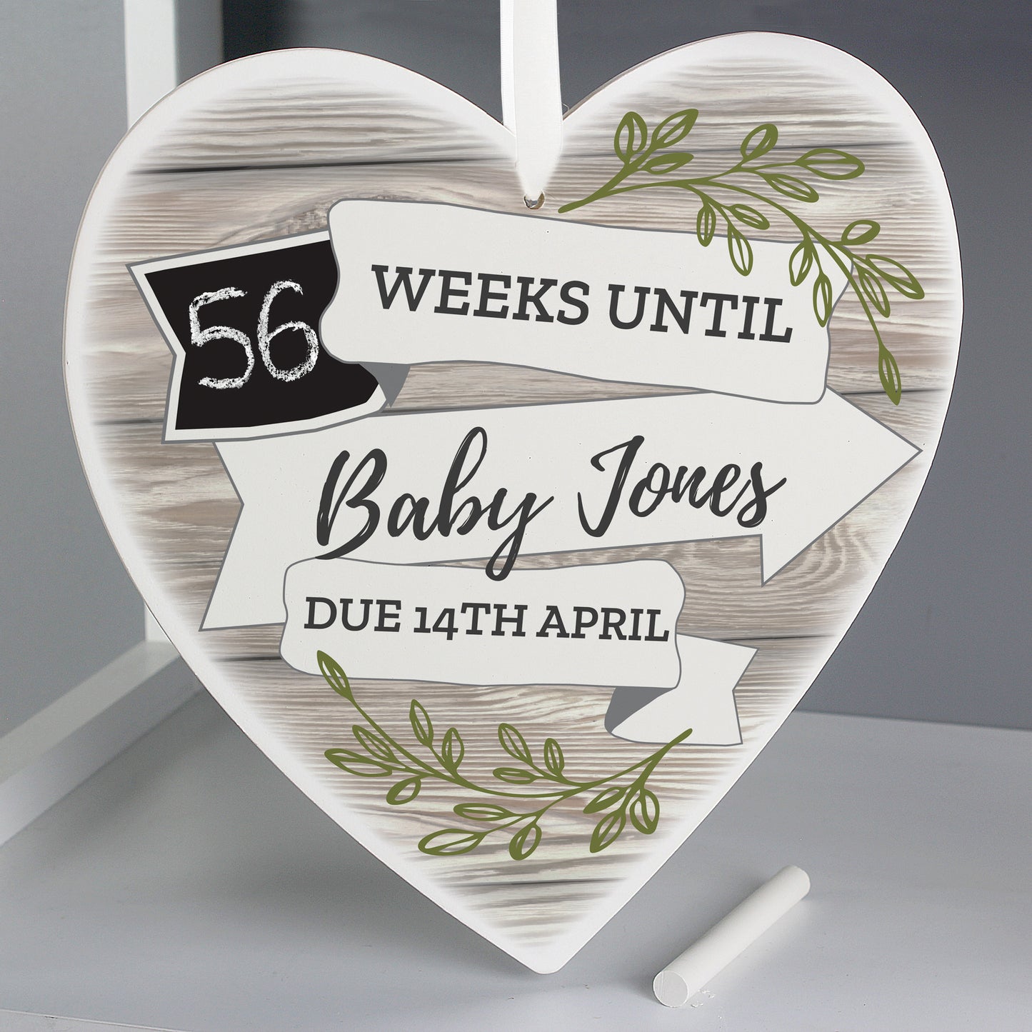 Personalised White Arrow Banner Chalk Countdown Wooden Heart Decoration - Personalise It!