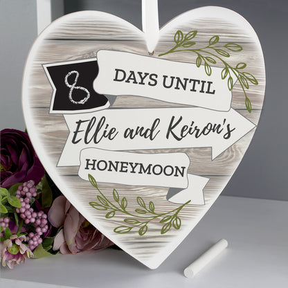 Personalised White Arrow Banner Chalk Countdown Wooden Heart Decoration - Personalise It!