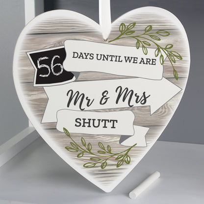 Personalised White Arrow Banner Chalk Countdown Wooden Heart Decoration - Personalise It!
