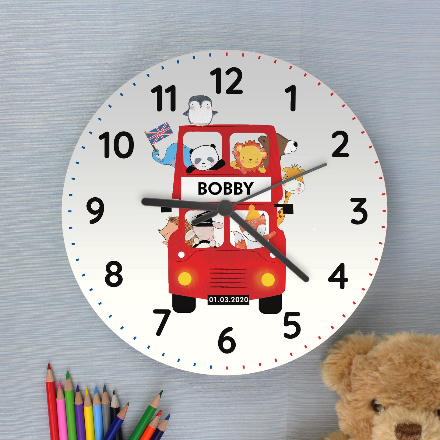 Personalised London Animal Bus Wooden Clock - Personalise It!