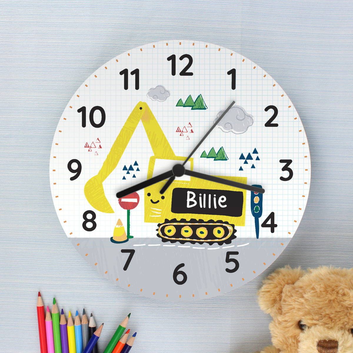 Personalised Digger Wooden Clock - Personalise It!