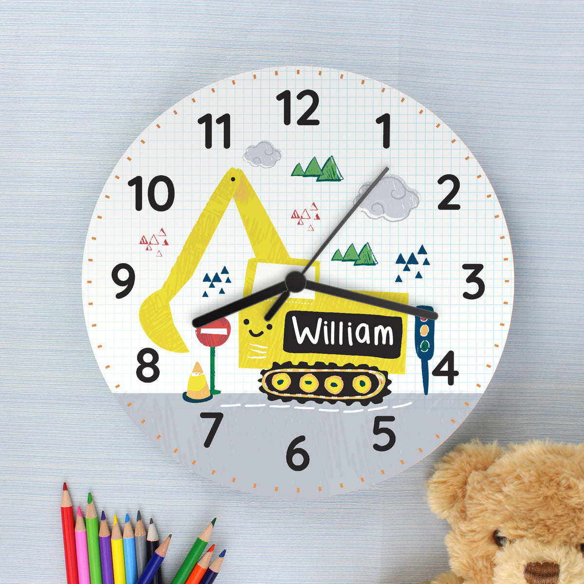 Personalised Digger Wooden Clock - Personalise It!