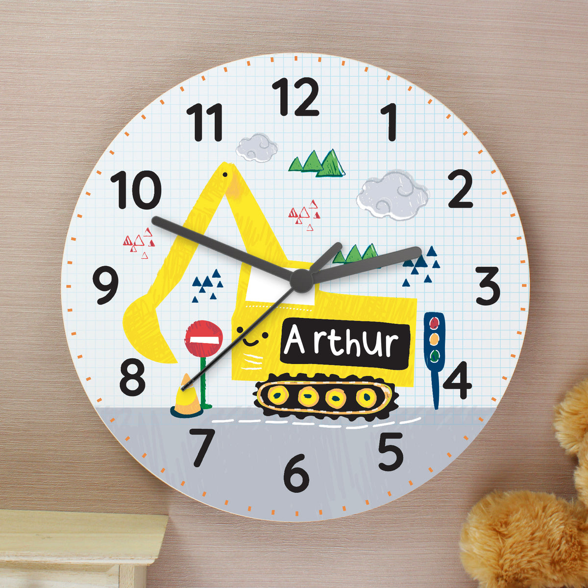 Personalised Digger Wooden Clock - Personalise It!