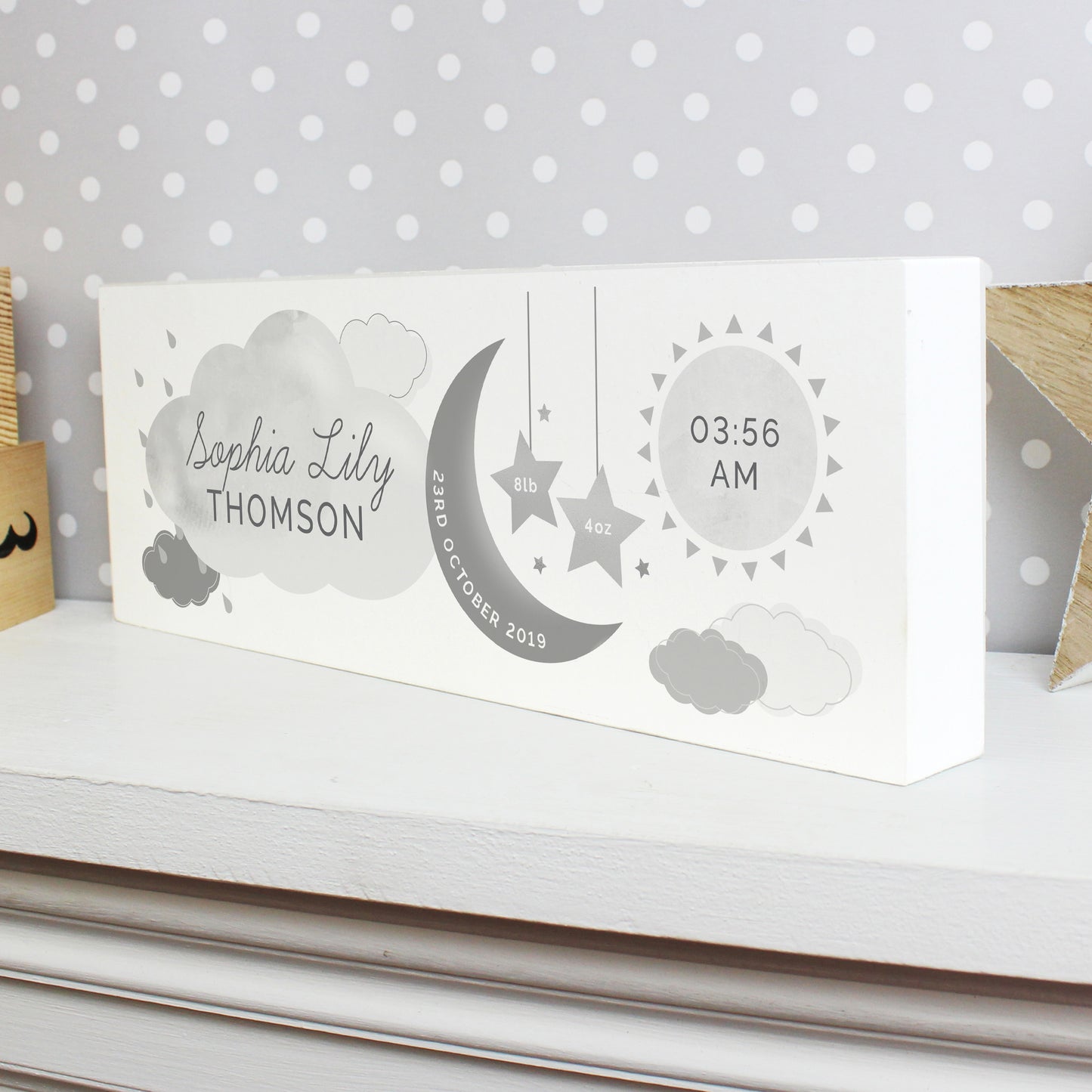 Personalised New Baby Moon & Stars Wooden Block Nursery Sign - Personalise It!