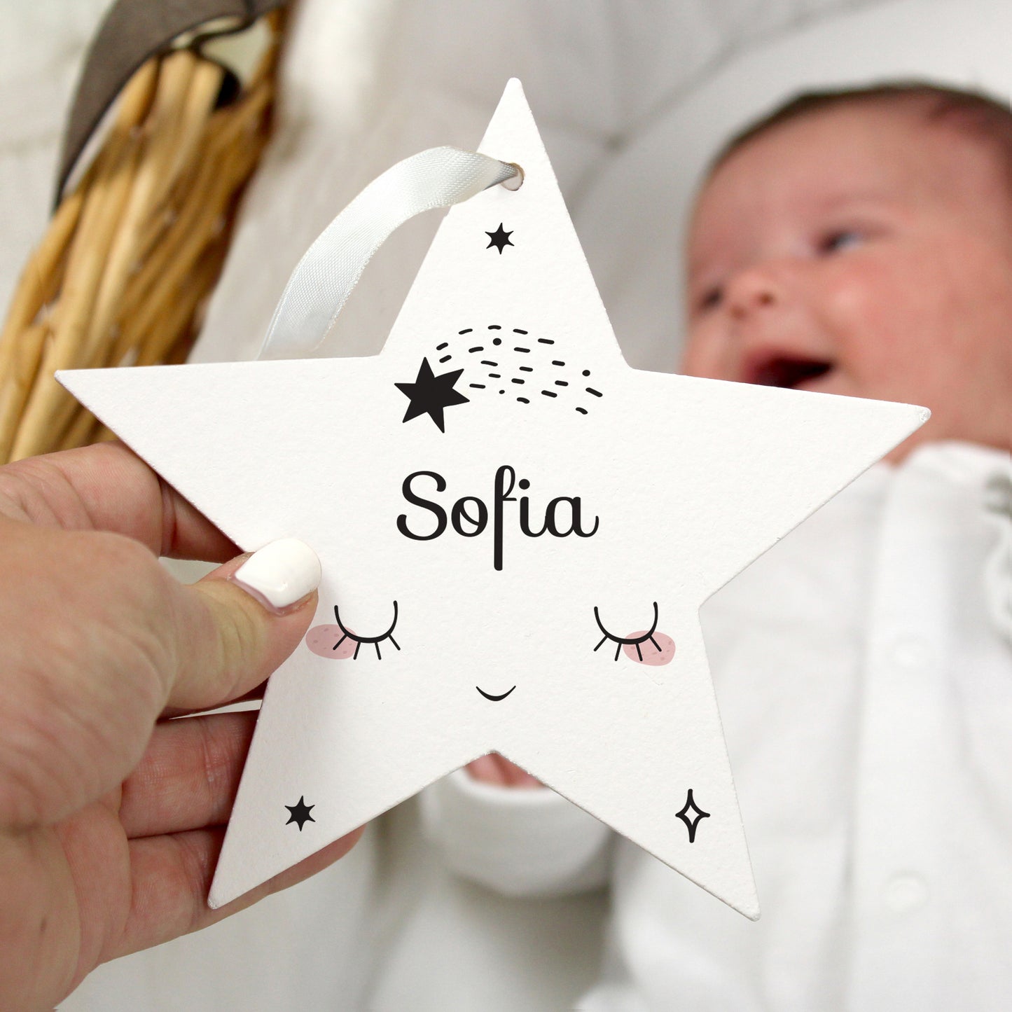 Personalised Baby Moon Wooden Star Decoration - Personalise It!