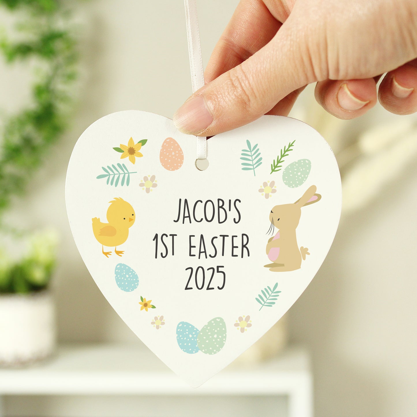 Personalised Easter Bunny & Chick Wooden Heart Decoration - Personalise It!