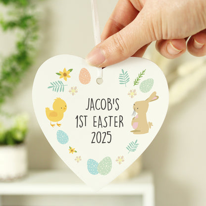 Personalised Easter Bunny & Chick Wooden Heart Decoration - Personalise It!