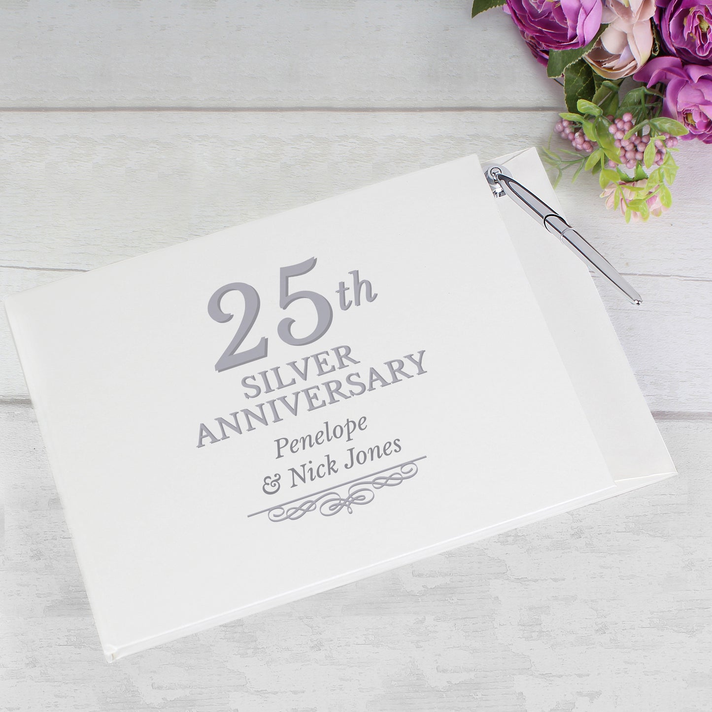 Personalised 25th Silver Anniversary Hardback Guest Book & Pen - Personalise It!