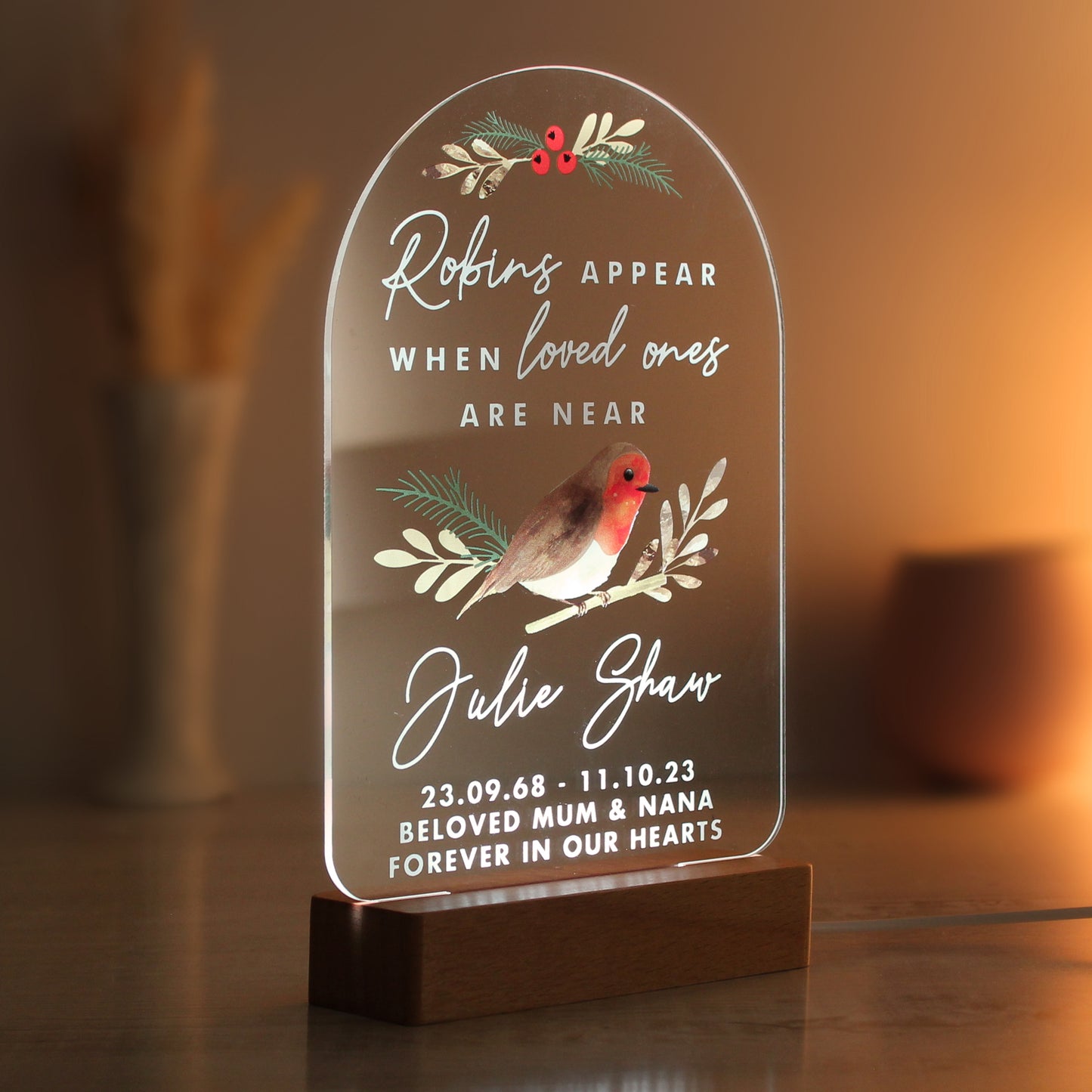 Personalised Robins Appear Wooden Based LED Light - Personalise It!