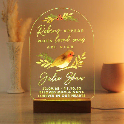 Personalised Robins Appear Wooden Based LED Light - Personalise It!