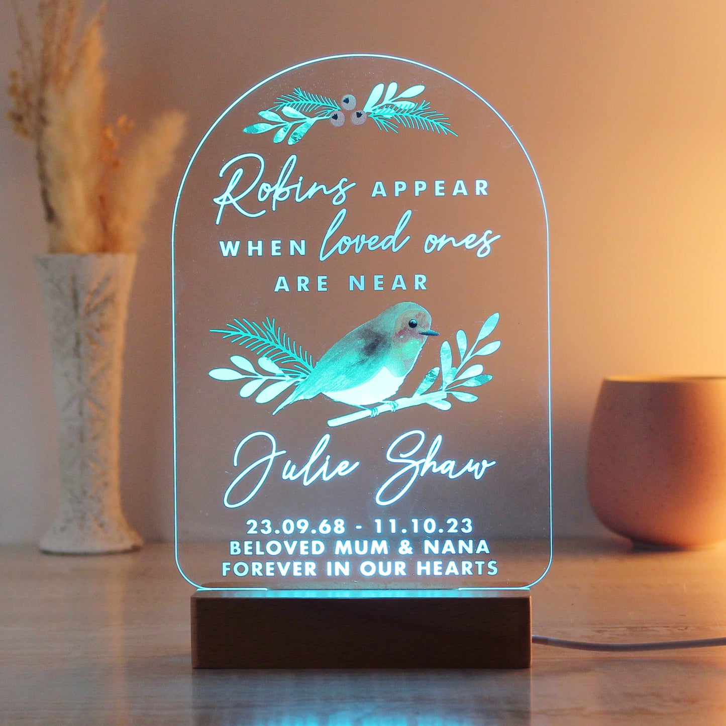 Personalised Robins Appear Wooden Based LED Light - Personalise It!
