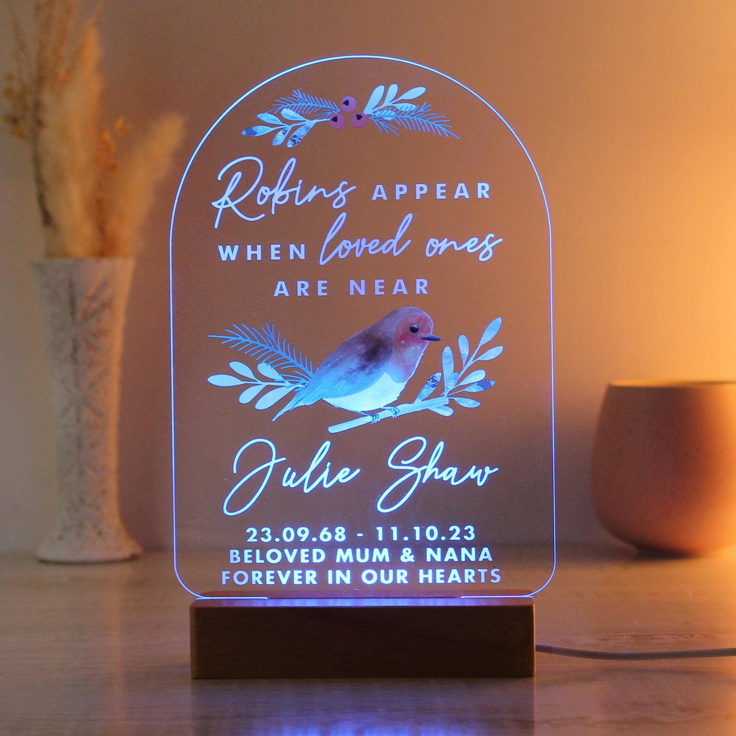 Personalised Robins Appear Wooden Based LED Light - Personalise It!